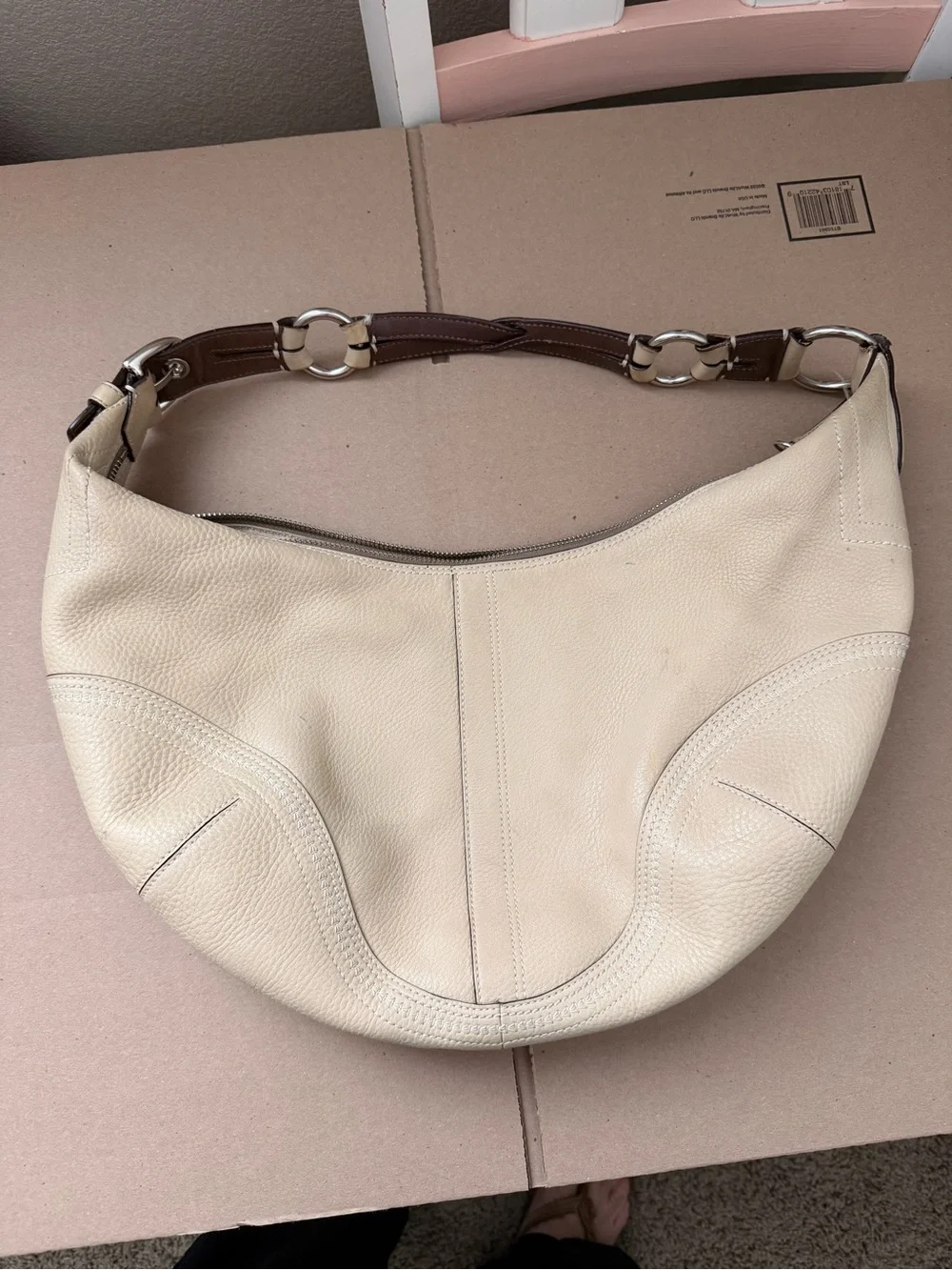 Coach Cream Leather Hobo with Brown Strap and Silver Hardware